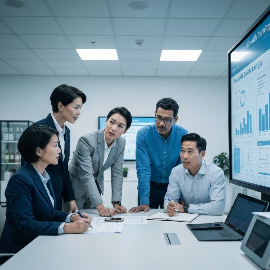 Equipo de profesionales de RRHH en reunión de estrategia financiera moderna analizando gráficos de margen industrial en pizarra digital, ambiente corporativo de oficina contemporánea