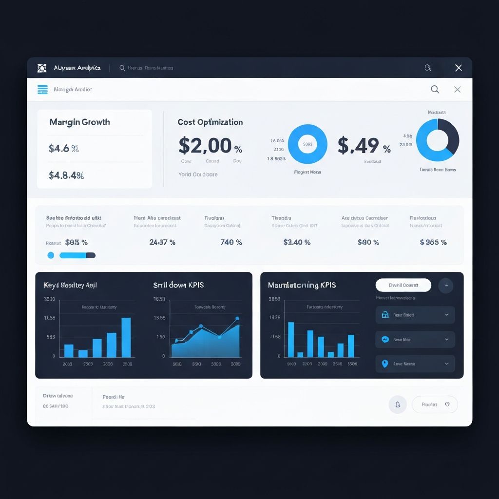 Gráficos analíticos avanzados mostrando estrategias de crecimiento de margen en sector manufacturero industrial con datos financieros y KPIs clave