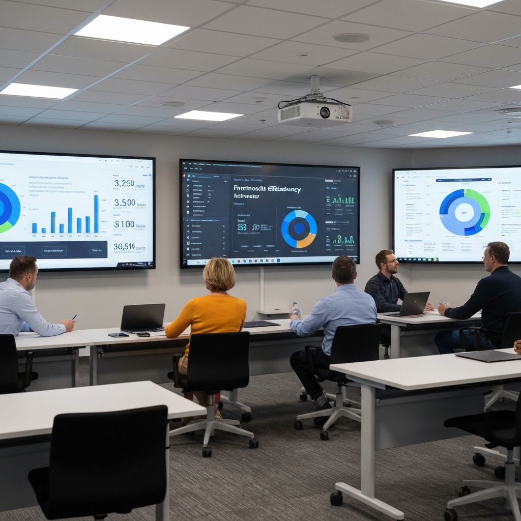 Directores de RRHH facilitando taller interactivo sobre conceptos de eficiencia financiera en manufactura, pizarra con gráficos, ambiente de capacitación moderna