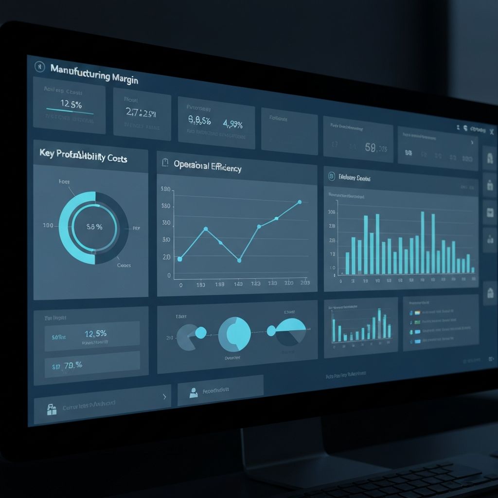 Tableau de control moderno mostrando análisis de márgenes de ganancia, gráficos de eficiencia operacional y datos de optimización de costos en sector manufacturero industrial