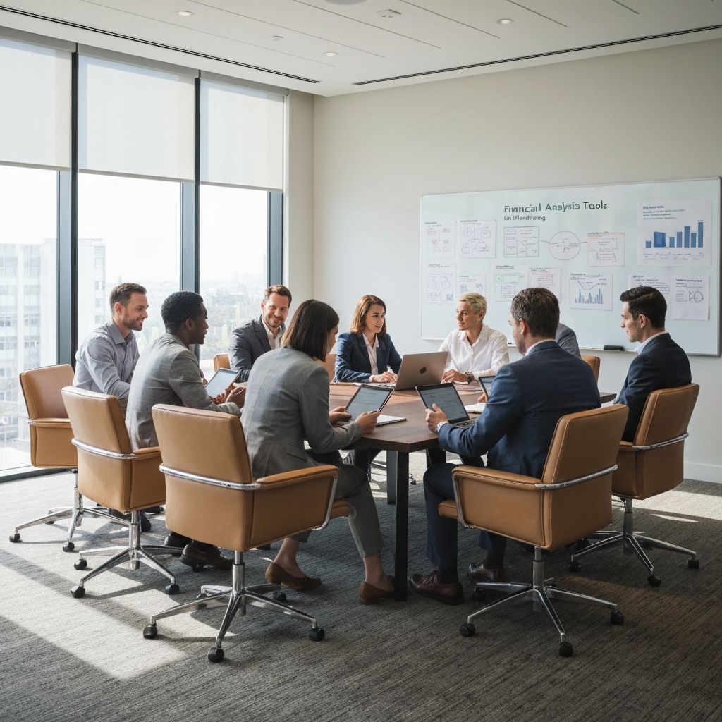 Sesión de formación interactiva con directores de RRHH en sala de conferencias moderna utilizando herramientas de análisis financiero interactivas en pantalla
